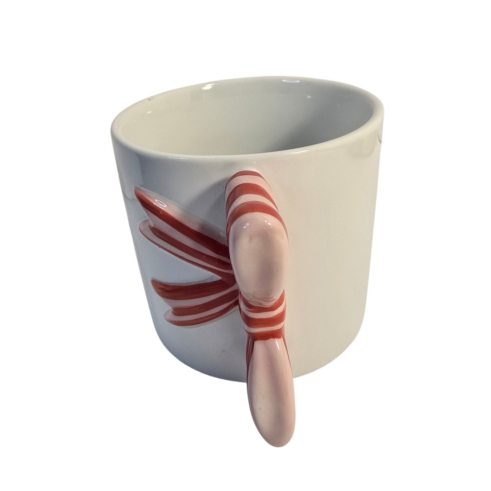 Spritz Red White Striped Bow Handle Stoneware Coffee Mug White Ceramic Cup - Picture 3 of 9
